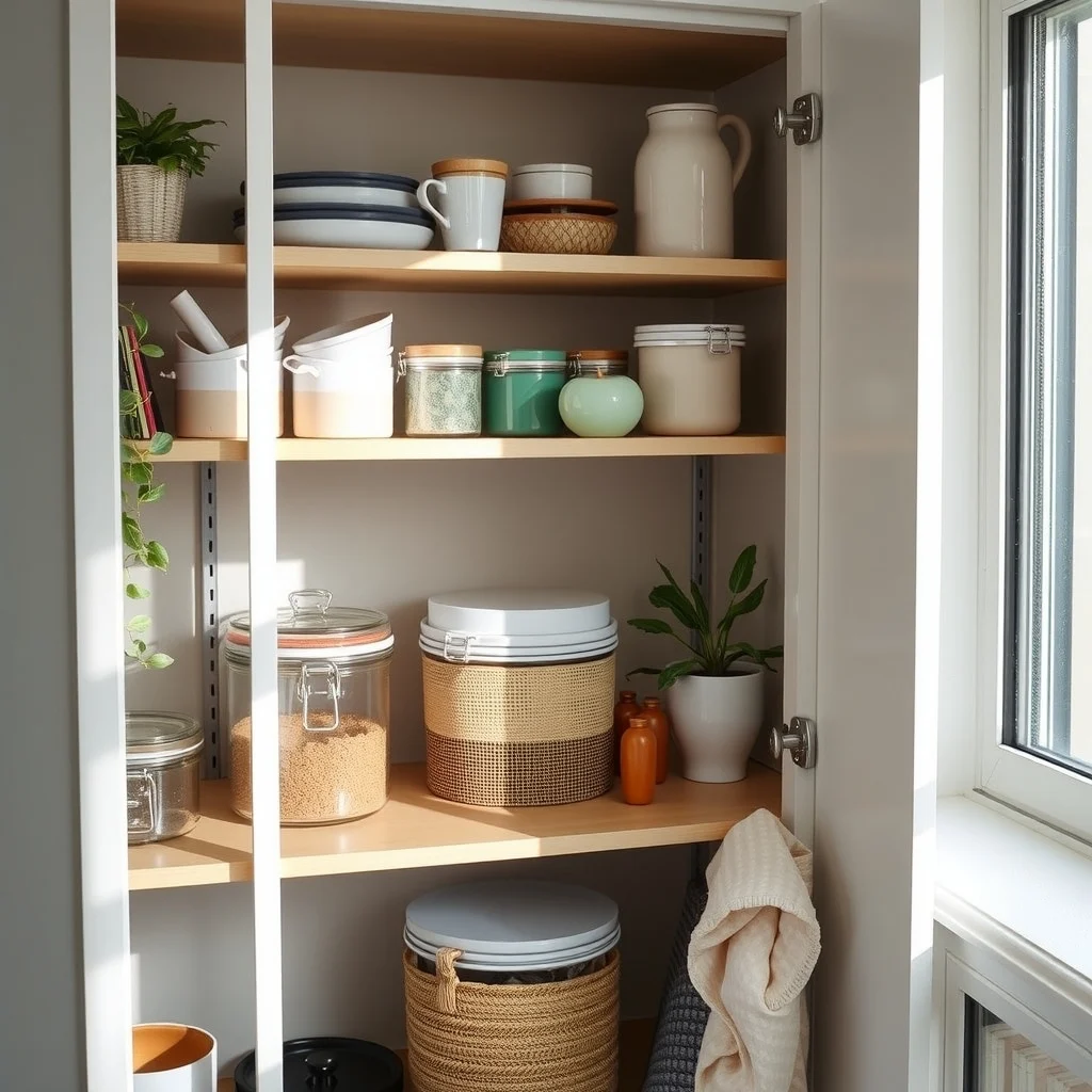 How to Organize Baking Supplies in One Small Cabinet interior: 3. Introduce Adjustable Shelf Risers for Height Variation - A single flat shelf forces everything to sit on the same plane, which quickly leads to a stacked mess. Small, removable risers made of brushed stainless steel or coated wood add a second tier without
