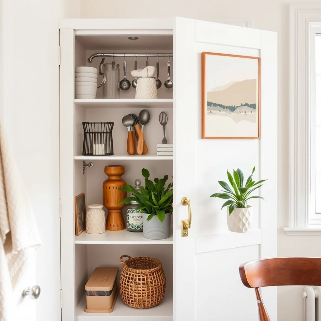 How to Organize Baking Supplies in One Small Cabinet interior: 4. Hang Small Tools on the Inside of the Door - The interior of the cabinet door is often an overlooked real estate gem. Installing a thin metal or magnetic strip provides a discreet rail for hanging lightweight tools. A set of magnetic measuring spoons, a