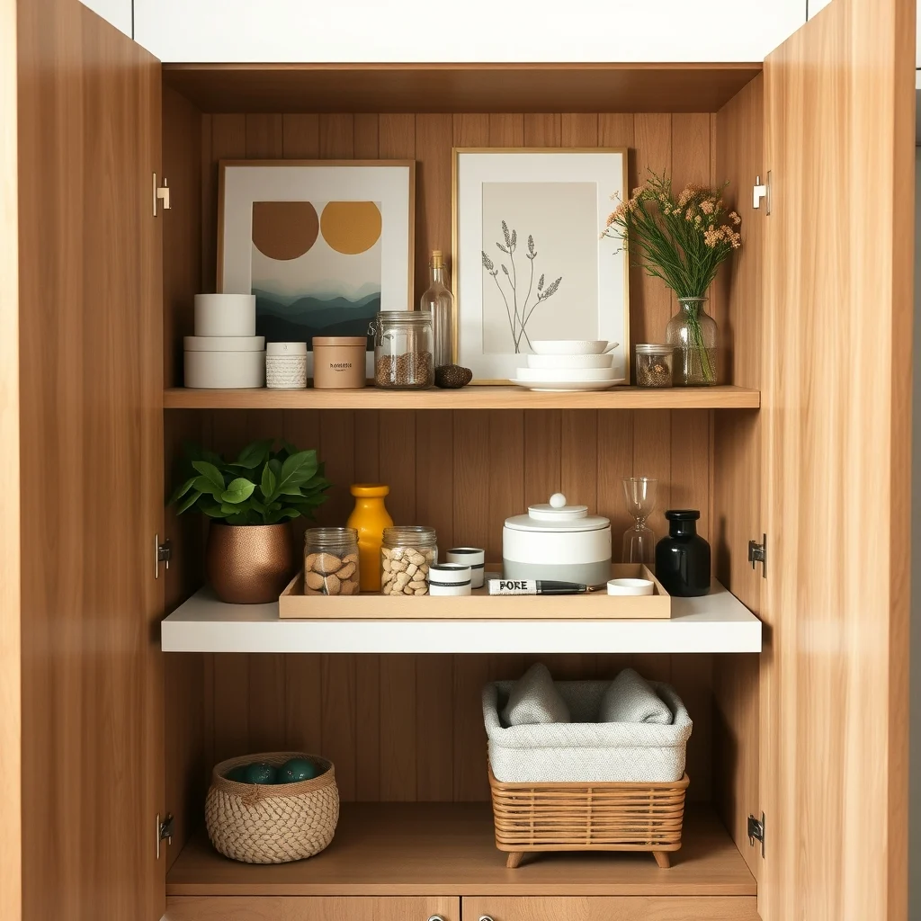 How to Organize Baking Supplies in One Small Cabinet interior: 5. Create a “Baking Day” Zone with a Portable Tray - Even the most organized cabinet can benefit from a temporary staging area for the items you’ll use in a single baking session. A slim, removable tray that slides into the cabinet acts as a portable