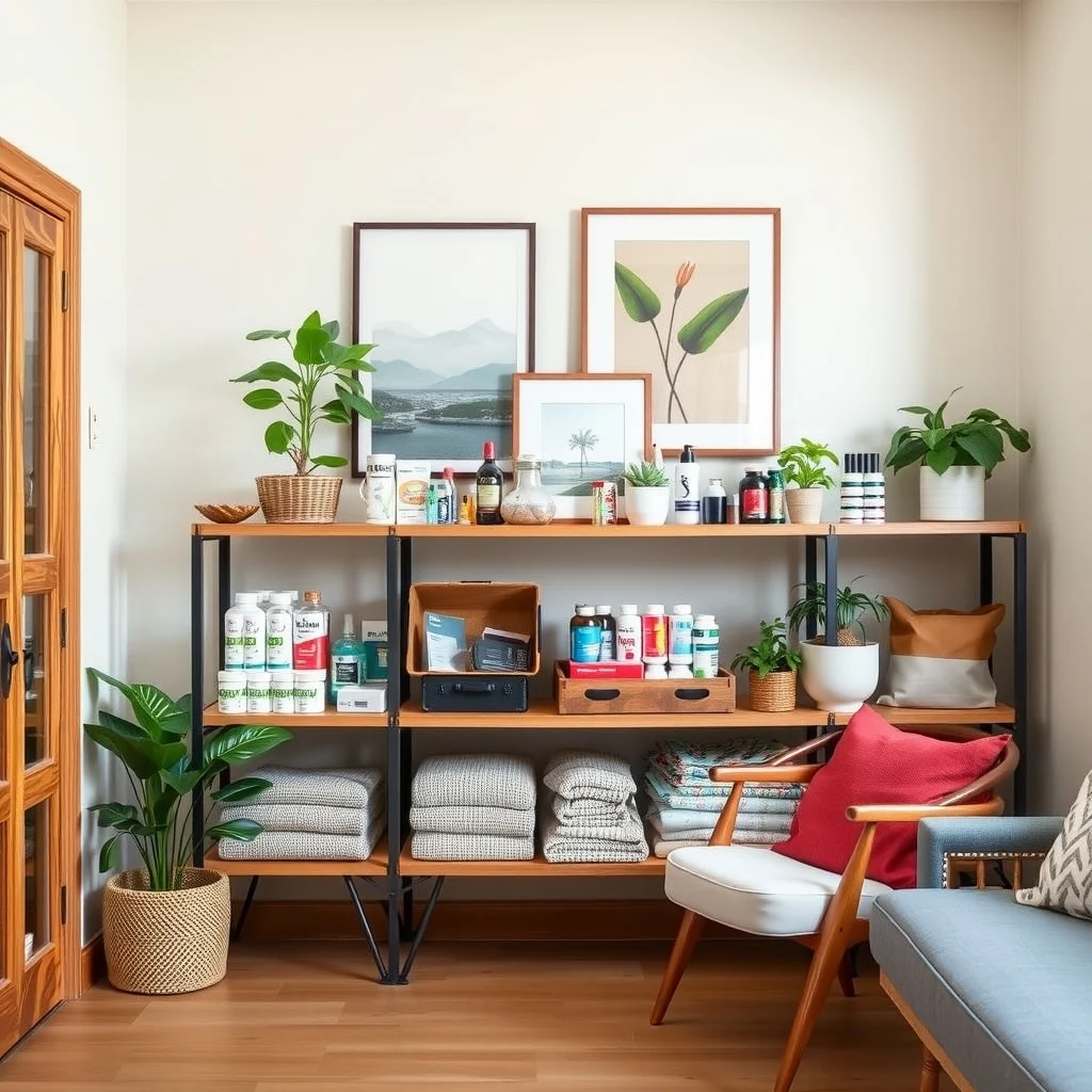 How to Organize First-Aid and Personal Care Supplies at Home interior: 5. Group Items by Frequency of Use and Emergency Level - Arrange the most commonly needed supplies—such as adhesive bandages, antiseptic wipes, and pain relievers—on the top tier of the shelf where they are instantly reachable. Items that are needed less often, like a splint or