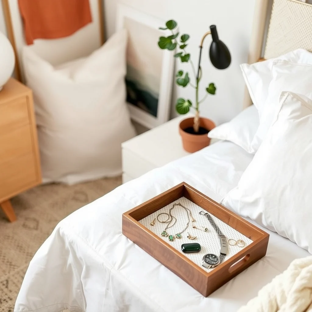 How to Organize Jewelry and Accessories in a Small Bedroom: 3. Use a Decorative Tray on the Nightstand - A shallow tray in a material that matches the nightstand—such as a lacquered walnut or a woven rattan—offers a quick‑access spot for the pieces you wear most often. Placing a few favorite earrings, a watch,