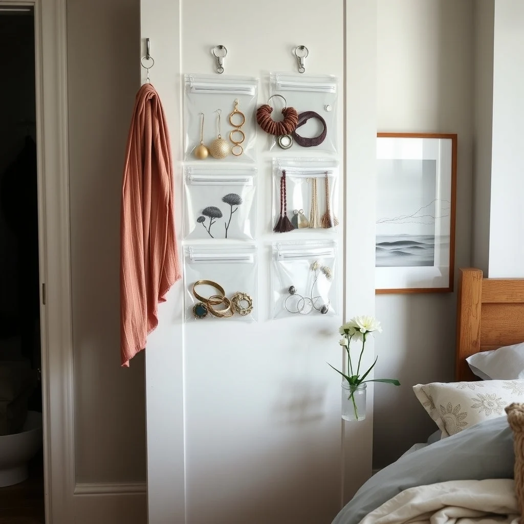 How to Organize Jewelry and Accessories in a Small Bedroom: 4. Hang a Set of Clear Acrylic Pouches on a Closet Door - Clear pouches with zip closures can be affixed to the inside of a closet door using adhesive hooks or small rings. Each pouch holds a specific category—one for silk scarves, another for delicate bracelets—allowing you