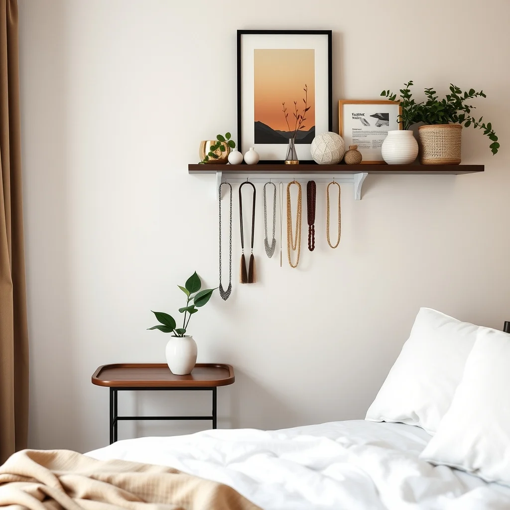 How to Organize Jewelry and Accessories in a Small Bedroom: 5. Convert an Unused Shelf into a Curated Display - If your bedroom includes a floating shelf or a narrow ledge above the headboard, turn it into a mini boutique for statement pieces. Arrange a few bold necklaces on a decorative stand, layer a