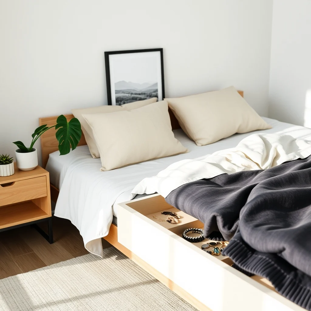 How to Organize Jewelry and Accessories in a Small Bedroom: 7. Incorporate a Hidden Drawer Inside a Bed Frame - Many modern platform beds feature a shallow drawer built into the frame’s side. This hidden compartment is ideal for storing items you rarely use, such as seasonal jewelry or travel accessories. By keeping these pieces