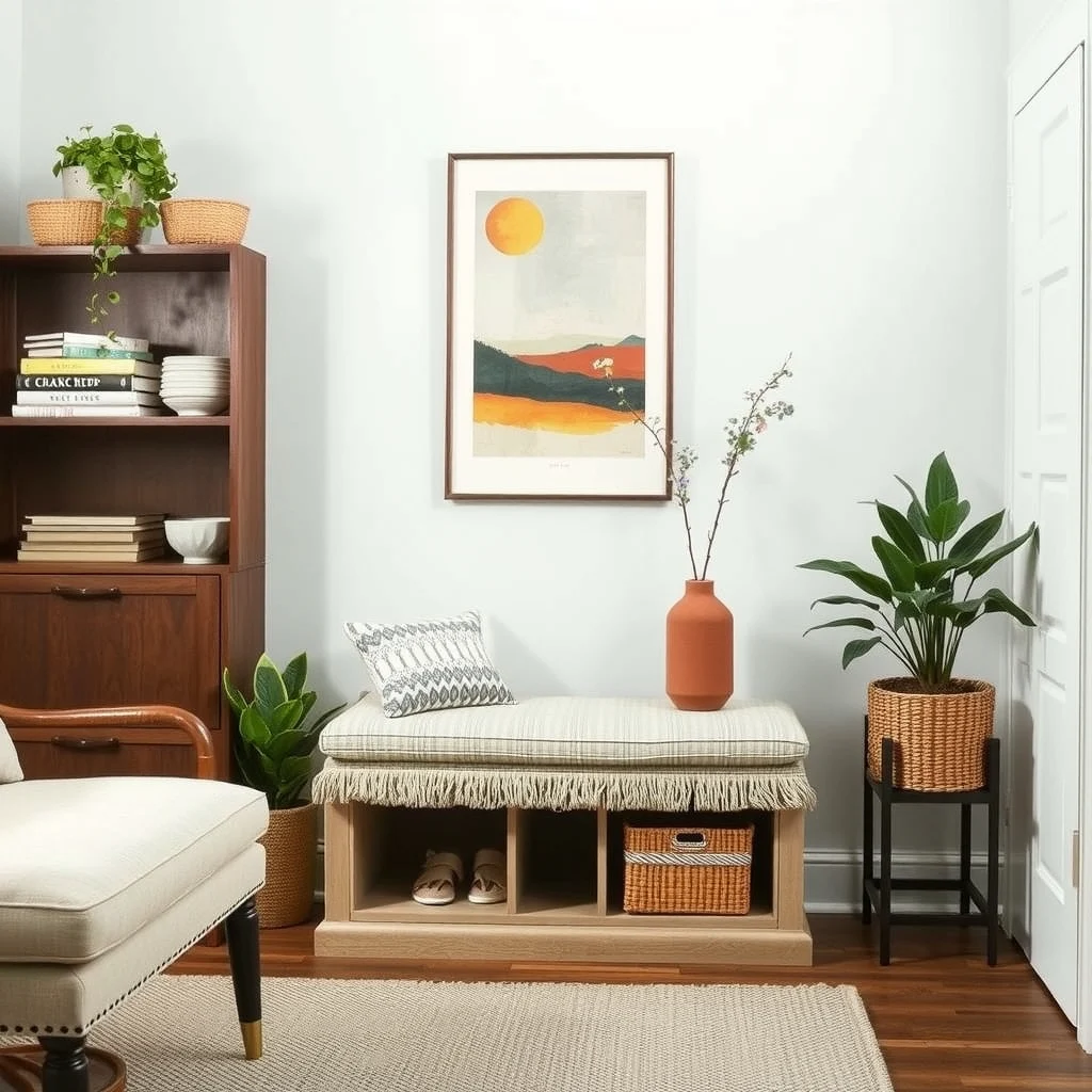 How to Organize Keys, Mail, and Sunglasses in a Small Home interior: 4. Choose a Multi‑Purpose Bench with Hidden Compartments - A narrow bench placed against a hallway wall can serve as both seating and storage. Look for a piece upholstered in a durable linen fabric in a neutral tone such as warm greige; the fabric