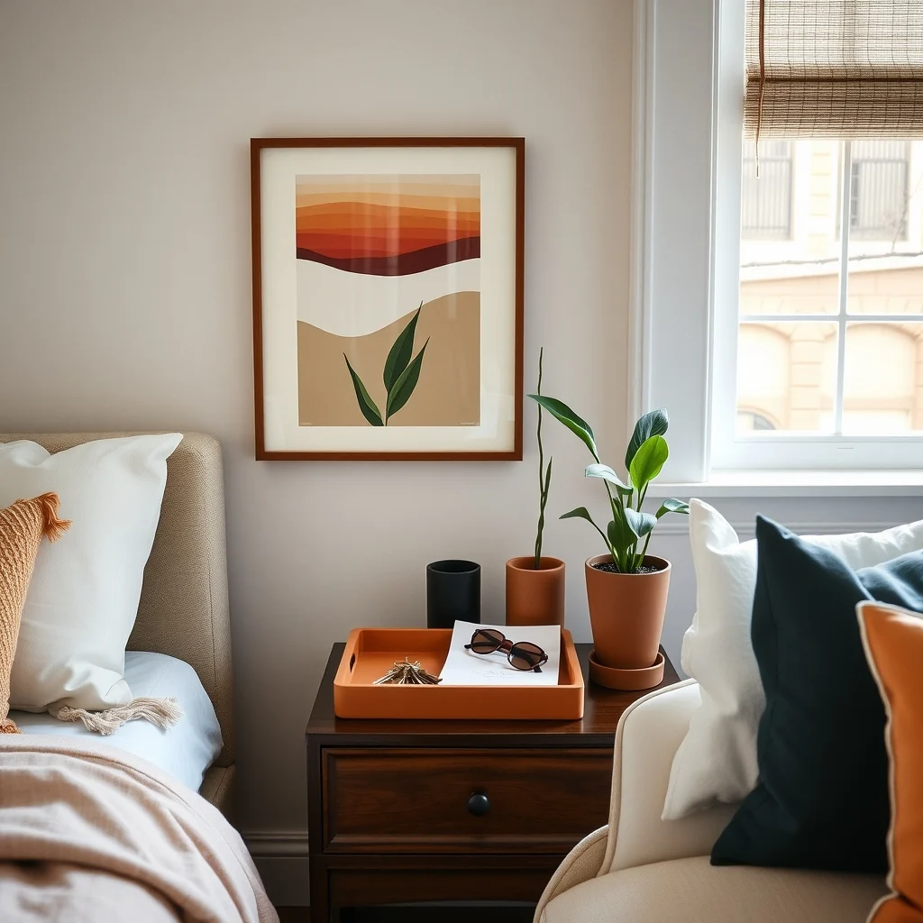 How to Organize Keys, Mail, and Sunglasses in a Small Home interior: 6. Add a Decorative Tray on a Nightstand for Evening Essentials - Evening routines often involve grabbing keys, a pair of sunglasses, and a quick glance at the mail before heading to bed. Placing a decorative tray—perhaps in a matte terracotta ceramic—on the nightstand gathers these items