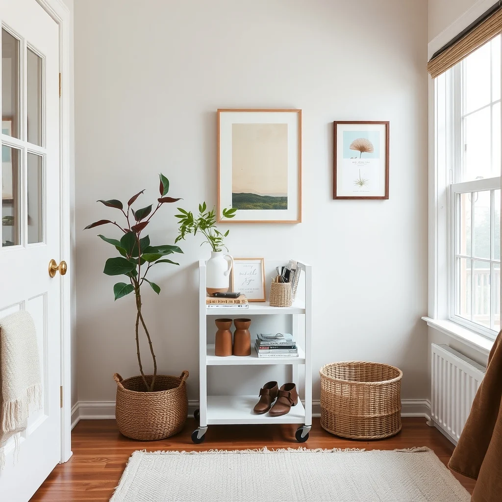 How to Organize Keys, Mail, and Sunglasses in a Small Home interior: 7. Employ a Portable Rolling Cart for Seasonal Switch‑Outs - When the seasons change, you may need to store extra sunglasses or swap out a set of decorative keys. A compact rolling cart, finished in powder‑coated white, offers mobility and flexibility. Its three shelves can