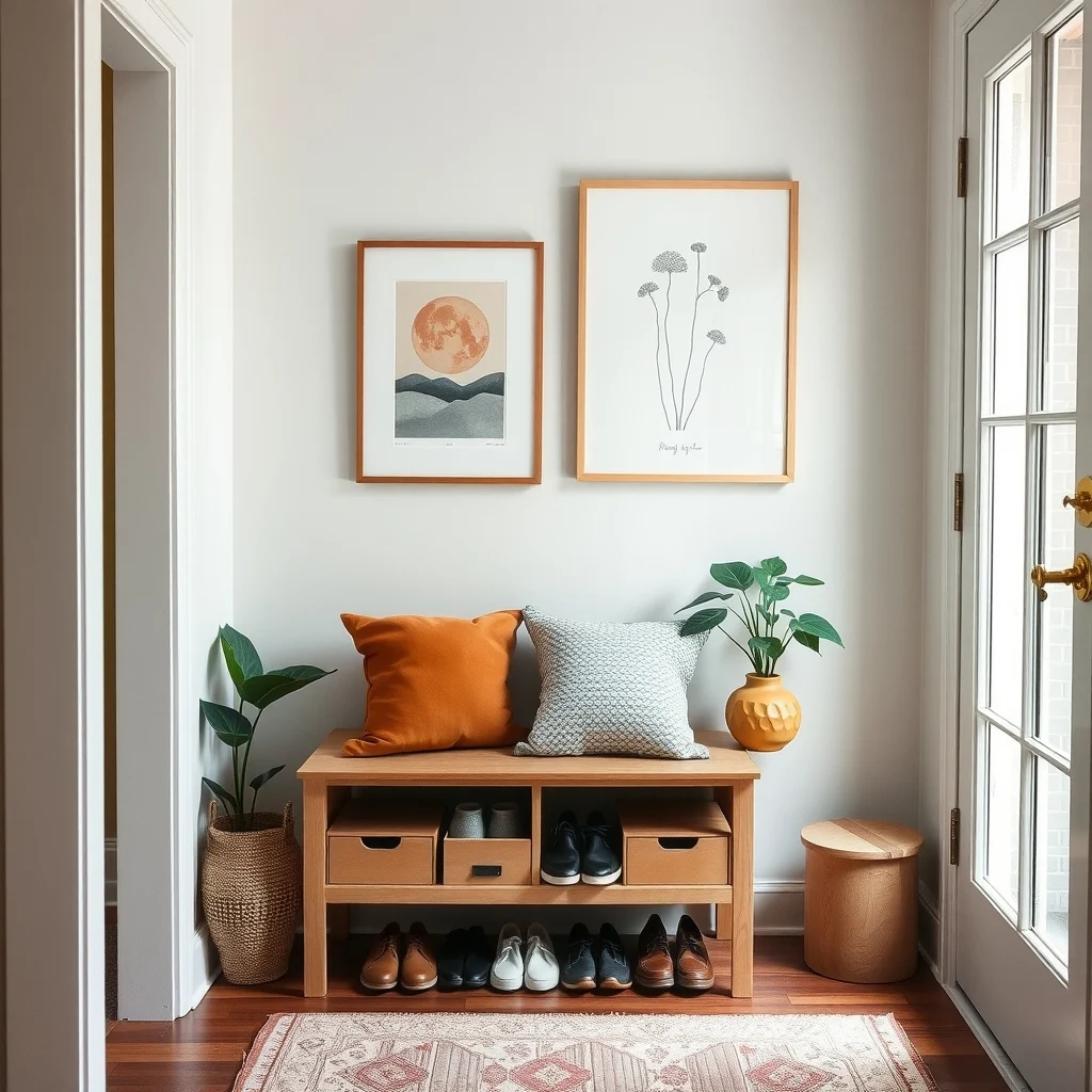 How to Organize Shoes in a Tiny Entryway interior: 2. Use a Narrow Bench with Hidden Compartments - A bench that fits the width of the entryway offers a place to sit while you slip on shoes, and many designs feature a lift‑up lid that opens to reveal a shallow drawer. Choose a