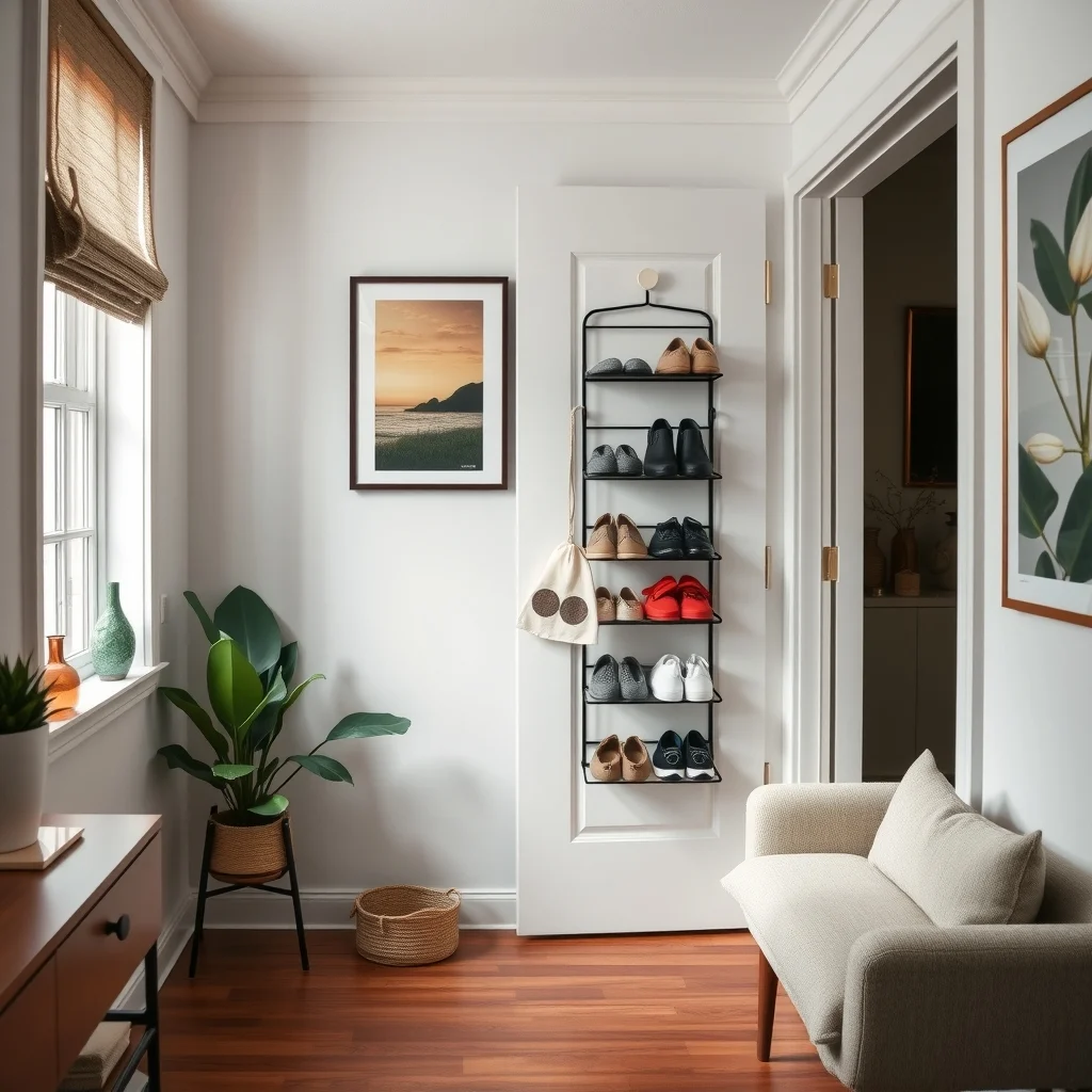 How to Organize Shoes in a Tiny Entryway interior: 3. Hang a Shoe Rack from the Back of the Door - For renters or anyone hesitant to drill into walls, the back of the entry door becomes a convenient mounting point. A hanging rack with tiered slots, crafted from powder‑coated steel in a soft charcoal, can