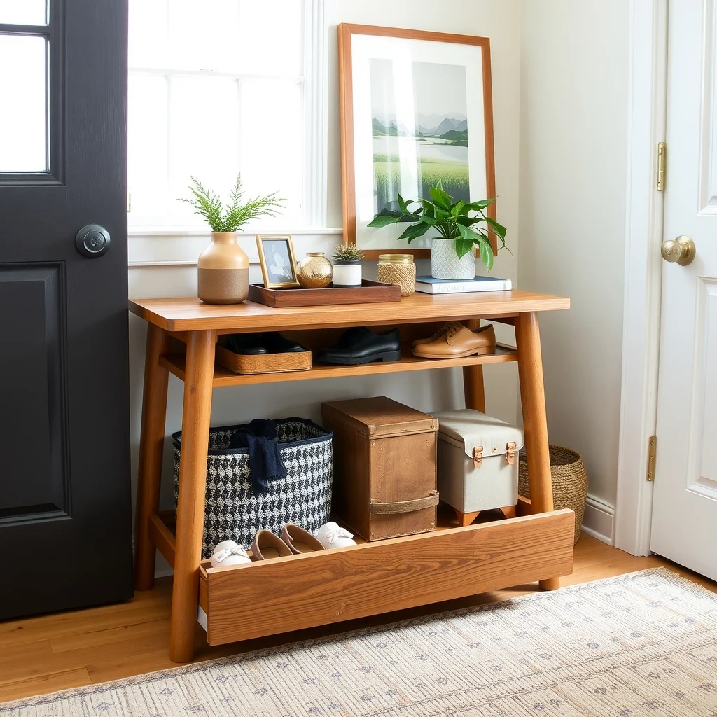 How to Organize Shoes in a Tiny Entryway interior: 4. Incorporate a Pull‑Out Drawer Under the Console - If you already have a console table by the door, a custom pull‑out drawer can add hidden storage without altering the room’s . A drawer built from reclaimed oak, finished with a warm amber stain,