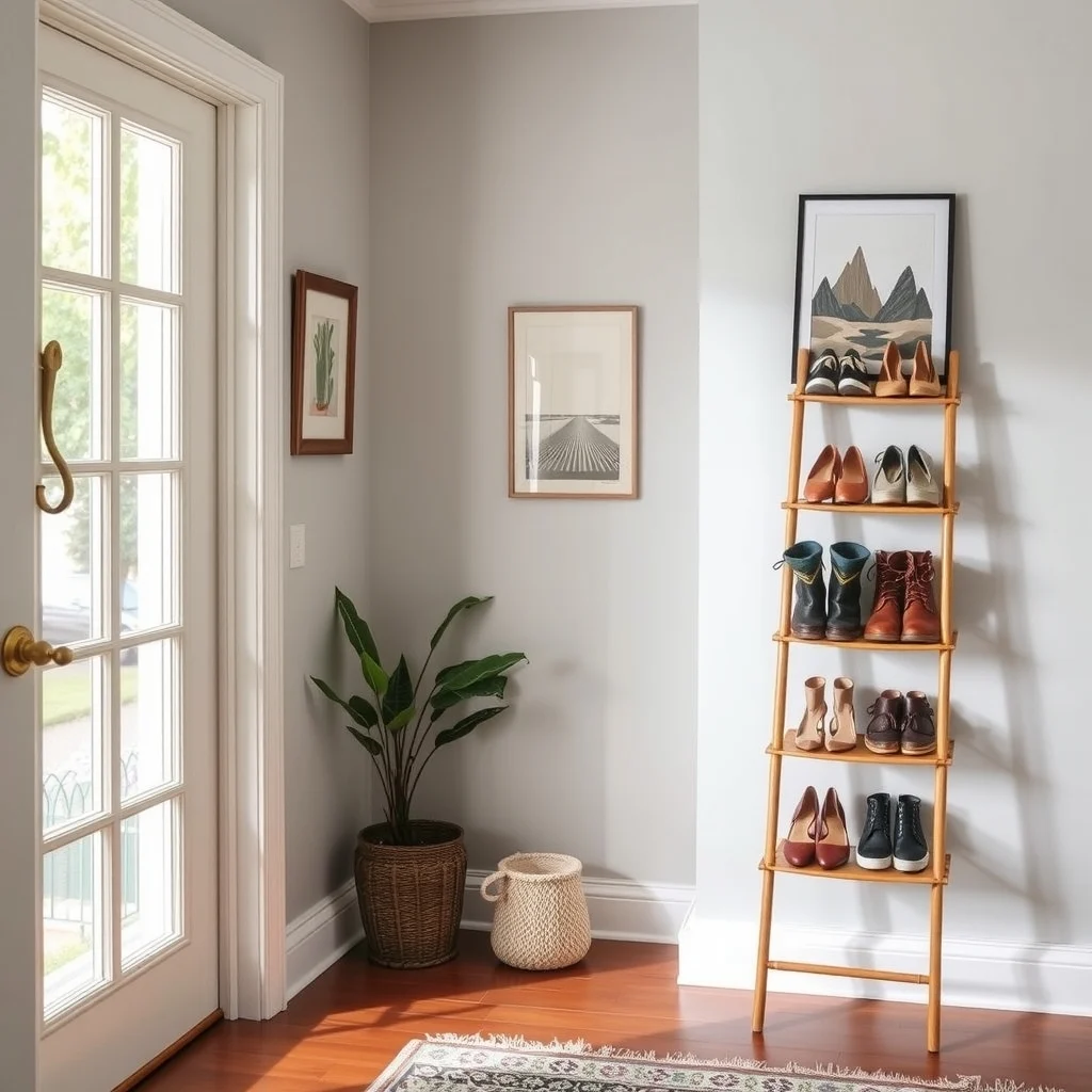 How to Organize Shoes in a Tiny Entryway interior: 5. Add a Stylish Ladder Shelf for Seasonal Pairs - A leaning ladder shelf made from powder‑coated aluminum or natural bamboo can serve as a decorative yet functional shoe display. Position the ladder against an empty corner, letting the rungs hold boots, sandals, or even