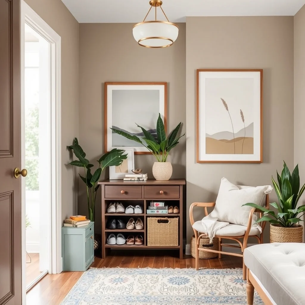 How to Organize Shoes in a Tiny Entryway interior: 6. Choose a Coordinated Color Palette to Keep the Space Calm - When the entryway is already tight, a harmonious color scheme can make it feel more spacious. Selecting a base of soft greige for the walls and pairing it with storage pieces in muted sage or