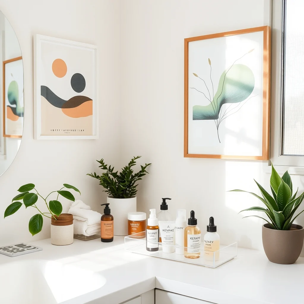 How to Organize Skincare in a Small Bathroom Without Clutter interior: 3. Use Clear Acrylic Containers for Grouping Products - Transparency is a powerful organizer’s ally. Clear acrylic boxes allow you to see every bottle at a glance, eliminating the need to rummage through drawers. A rectangular tray that slides onto the countertop can hold