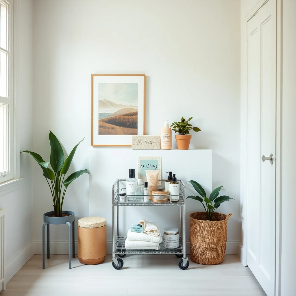 How to Organize Skincare in a Small Bathroom Without Clutter interior: 4. Repurpose a Slim Trolley for Mobile Storage - A narrow, three‑tier metal trolley on casters can become a versatile companion for skincare. Its compact footprint slides neatly beneath a wall‑mounted vanity, and the wheels allow you to pull it out when you need