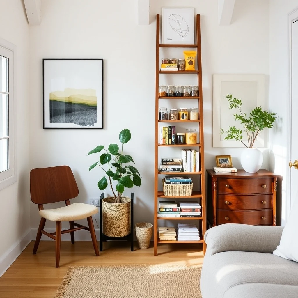 How to Organize Snacks in a Small Kitchen Without a Pantry interior: 4. Repurpose a decorative ladder - Lean a slim wooden ladder against a free wall and use its rungs as shelves for snack jars and boxes. The ladder’s vertical orientation makes efficient use of height, while its open framework lets light