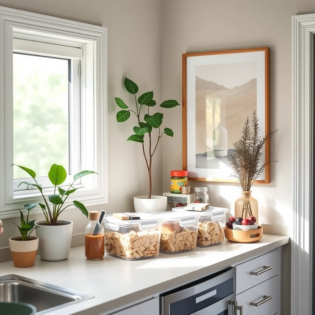 How to Organize Snacks in a Small Kitchen Without a Pantry interior: 6. Use clear acrylic bins on the countertop - When you need quick access during a busy morning, a set of clear acrylic bins lined up on the countertop can act as a temporary snack hub. The transparency lets you see exactly what’s inside