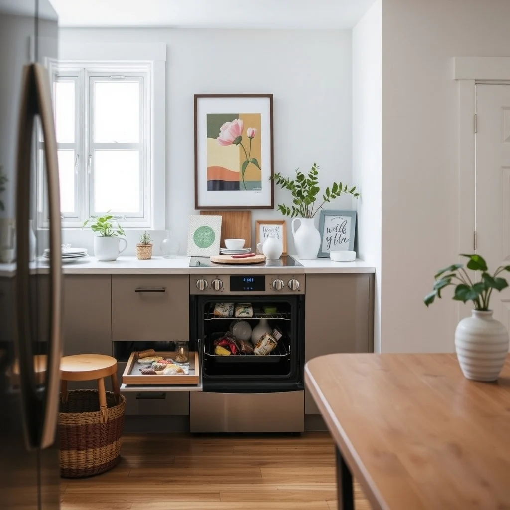 How to Organize Snacks in a Small Kitchen Without a Pantry interior: 7. Create a hidden nook behind the oven door - Many ovens have a small gap between the door and the frame that can be widened slightly to accommodate a slim pull‑out shelf. By installing a custom shelf that slides out when the oven door