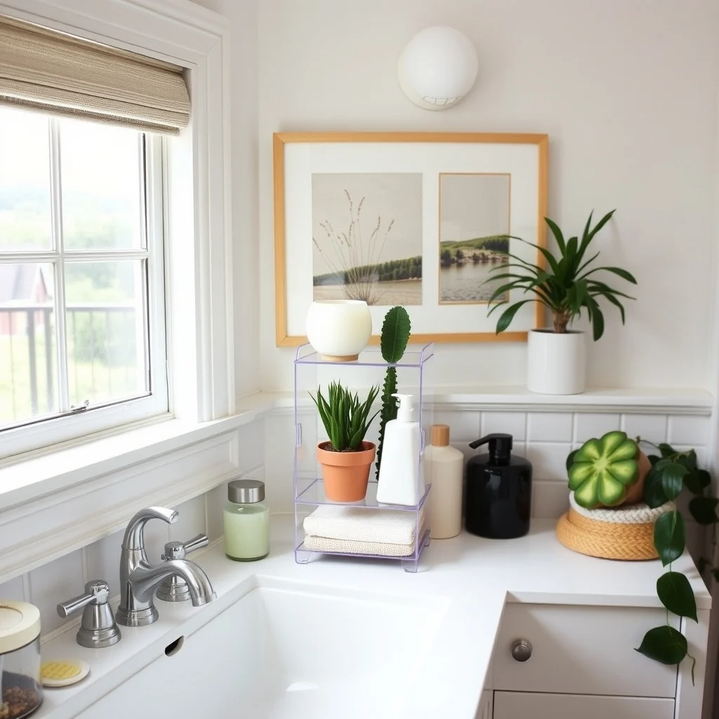 How to Organize Tools in a Small Bathroom interior: 2. Use a Tiered Acrylic Organizer on the Sink Counter - When countertop space is at a premium, vertical storage becomes essential. A clear acrylic tiered organizer, roughly six inches wide, can sit on the edge of the sink without blocking the faucet. The transparent material