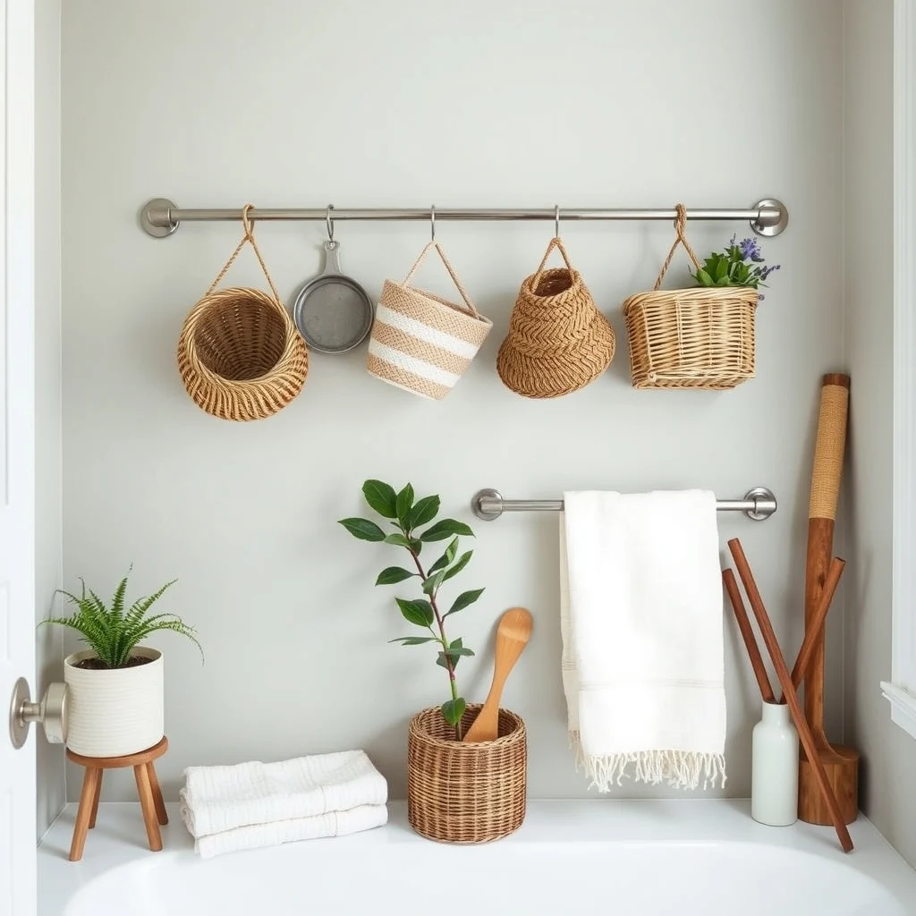 How to Organize Tools in a Small Bathroom interior: 4. Hang a Small Baskets Row from a Tension Rod - If you enjoy the tactile feel of woven storage, a row of petite baskets suspended from a tension rod offers both charm and practicality. Install a stainless‑steel tension rod between the two walls above the