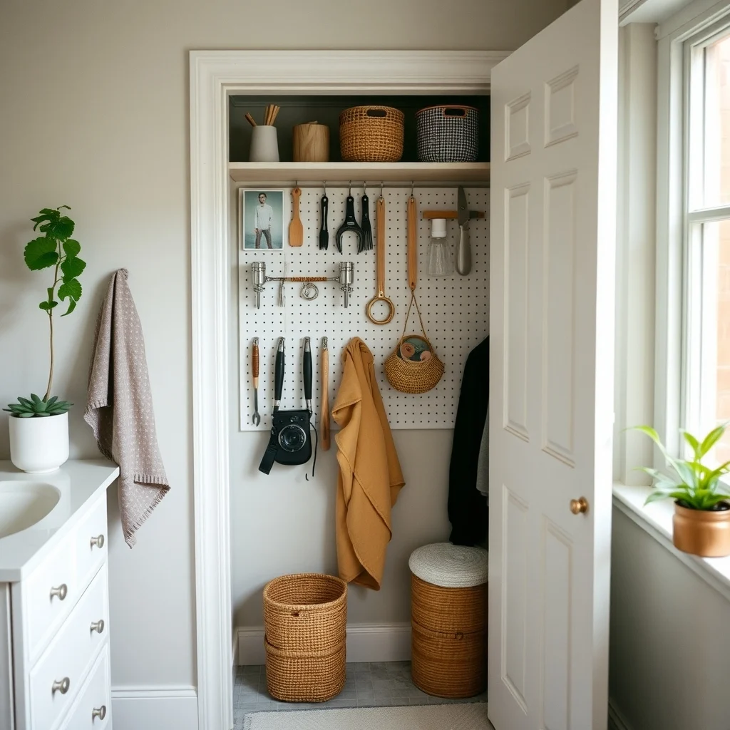How to Organize Tools in a Small Bathroom interior: 6. Attach a Small Pegboard Panel to the Inside of the Cabinet Door - A pegboard panel, often used in workshops, can be trimmed to the exact size of a cabinet door and installed with adhesive backing. Once in place, you can hang small hooks or small baskets directly
