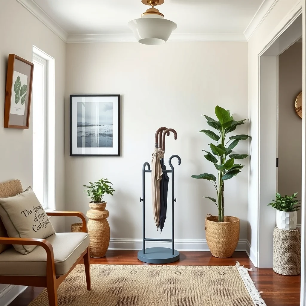 How to Organize Umbrellas and Rain Gear in a Tiny Entry interior: 3. Add a Freestanding Umbrella Stand with a Waterproof Base - A freestanding stand offers flexibility; you can move it when you need to rearrange furniture or clean the floor. Opt for a stand constructed from powder‑coated steel or aluminum, which resists rust and can hold