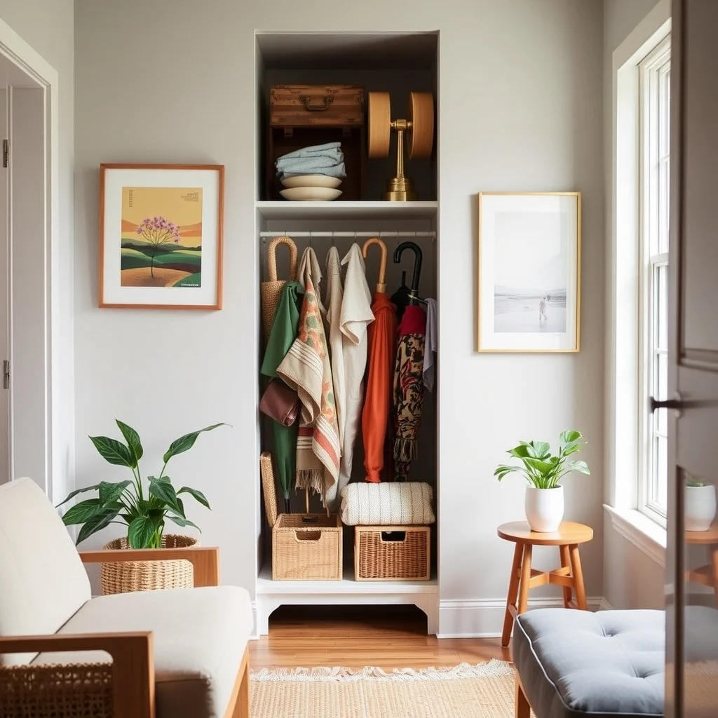 How to Organize Umbrellas and Rain Gear in a Tiny Entry interior: 4. Incorporate a Tall Narrow Cabinet with Sliding Doors - When vertical space is more abundant than horizontal, a tall cabinet can store umbrellas, rain coats, and even a small umbrella repair kit. Choose a cabinet with sliding doors to avoid the swing arc that