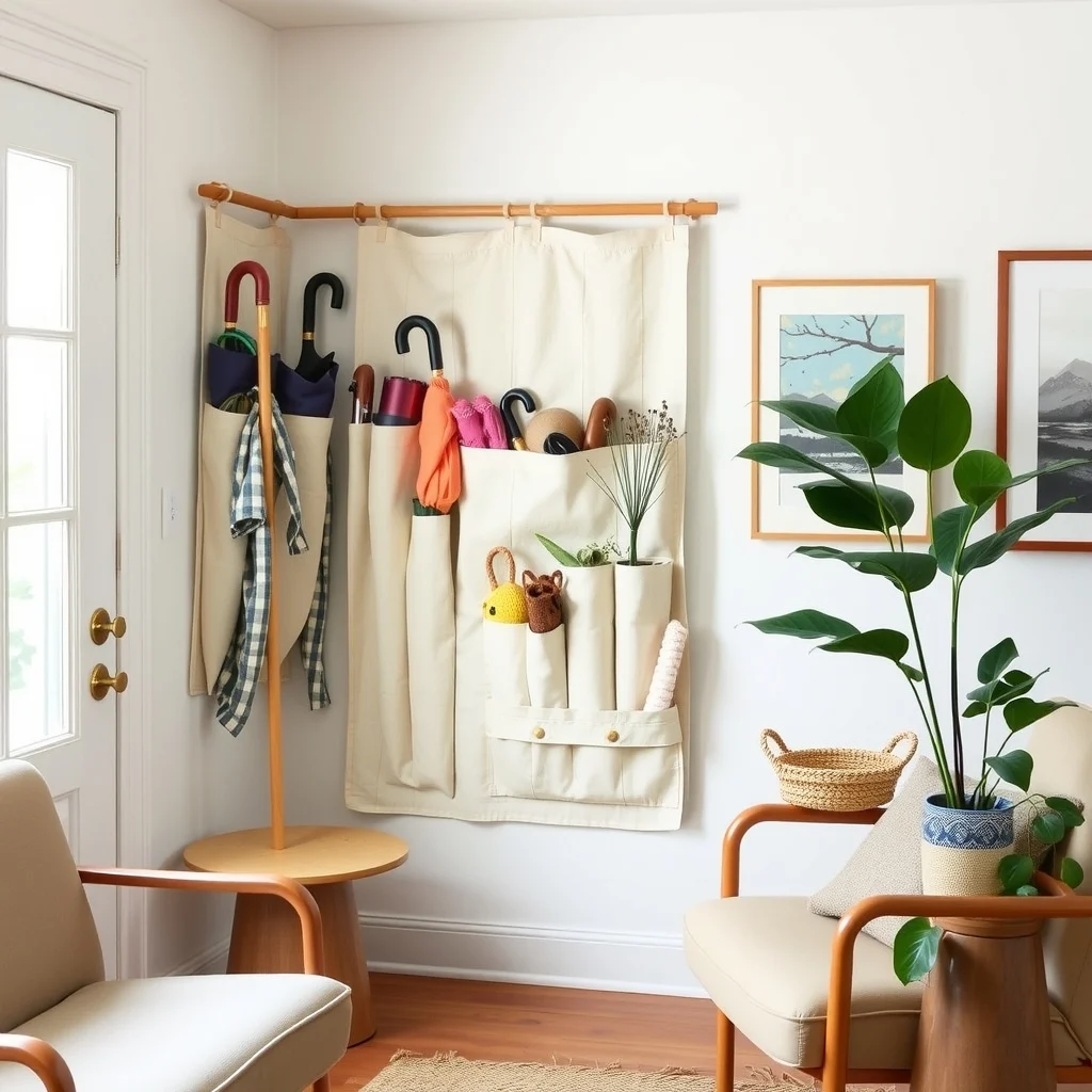 How to Organize Umbrellas and Rain Gear in a Tiny Entry interior: 5. Hang a Fabric Pocket Organizer from a Hooked Rod - A fabric pocket organizer is a lightweight solution that adds texture without demanding permanent installation. Look for a canvas or linen panel with multiple zippered or buttoned pockets, and mount it on a sturdy rod