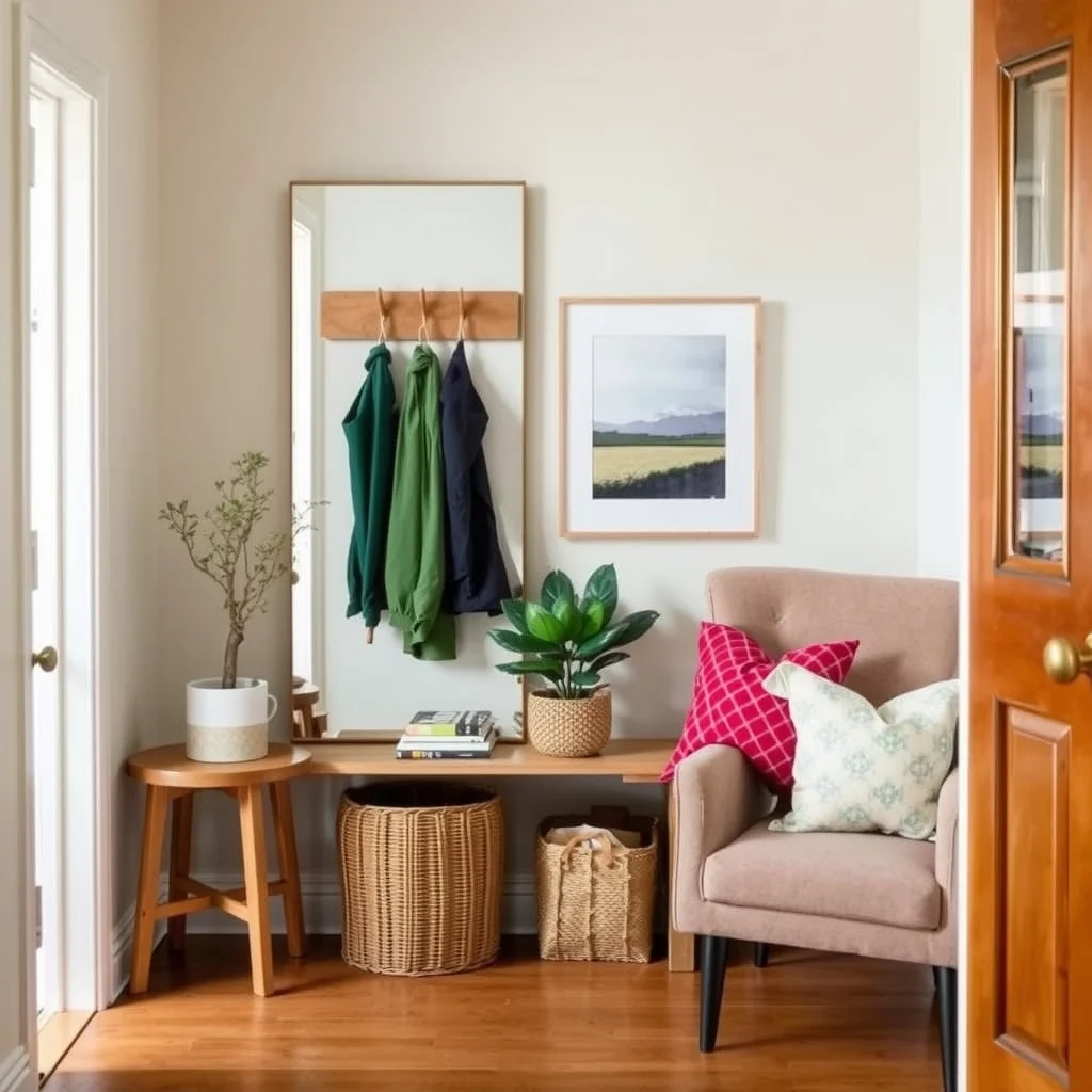 How to Organize Umbrellas and Rain Gear in a Tiny Entry interior: 6. Create a Hidden Nook Behind a Mirror or Artwork - For an entry that already features a large mirror or a piece of artwork, consider using the space behind it for concealed storage. A shallow cavity, framed by a thin strip of wood, can house