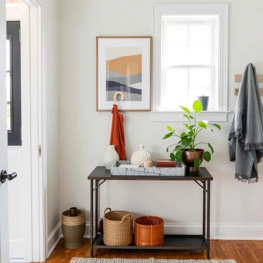 How to Organize Umbrellas and Rain Gear in a Tiny Entry interior: 7. Use a Decorative Tray on a Console Table for Quick Drop‑Off - A narrow console table topped with a decorative tray can become the central hub for umbrellas and rain gear. Choose a tray made of polished ceramic, metal, or reclaimed wood that resists water stains. When