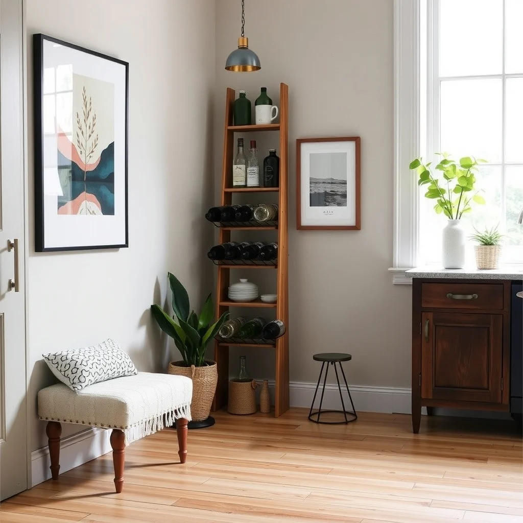 How to Organize Water Bottles in a Small Kitchen interior: 5. Convert a Decorative Ladder into a Tiered Bottle Stand - A wooden ladder with a narrow profile can double as a tiered bottle rack when leaned against a wall. The rungs act as natural shelves, and the ladder’s vertical orientation draws the eye upward, making