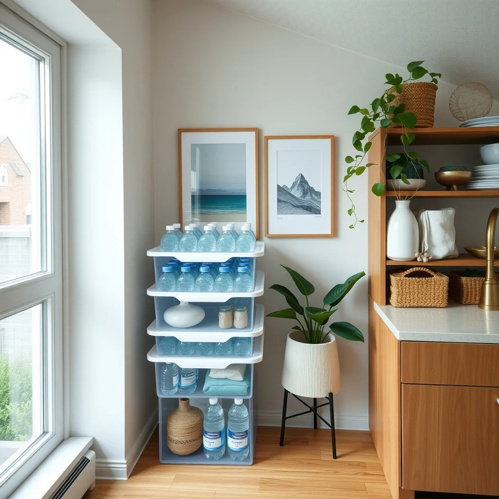 How to Organize Water Bottles in a Small Kitchen interior: 6. Use Clear Acrylic Bins Stacked in a Corner - Clear acrylic storage bins offer a sleek, modern look that lets you see the contents at a glance. By nesting two or three bins of decreasing size in an unused corner, you create a compact