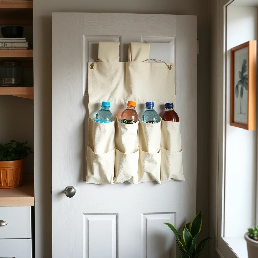 How to Organize Water Bottles in a Small Kitchen interior: 7. Hang a Fabric Pocket Organizer on the Inside of a Cabinet Door - A fabric pocket organizer, similar to those used for pantry spices, can be repurposed for water bottles. Choose a canvas or linen material in a neutral shade that matches the kitchen’s soft textiles, such as