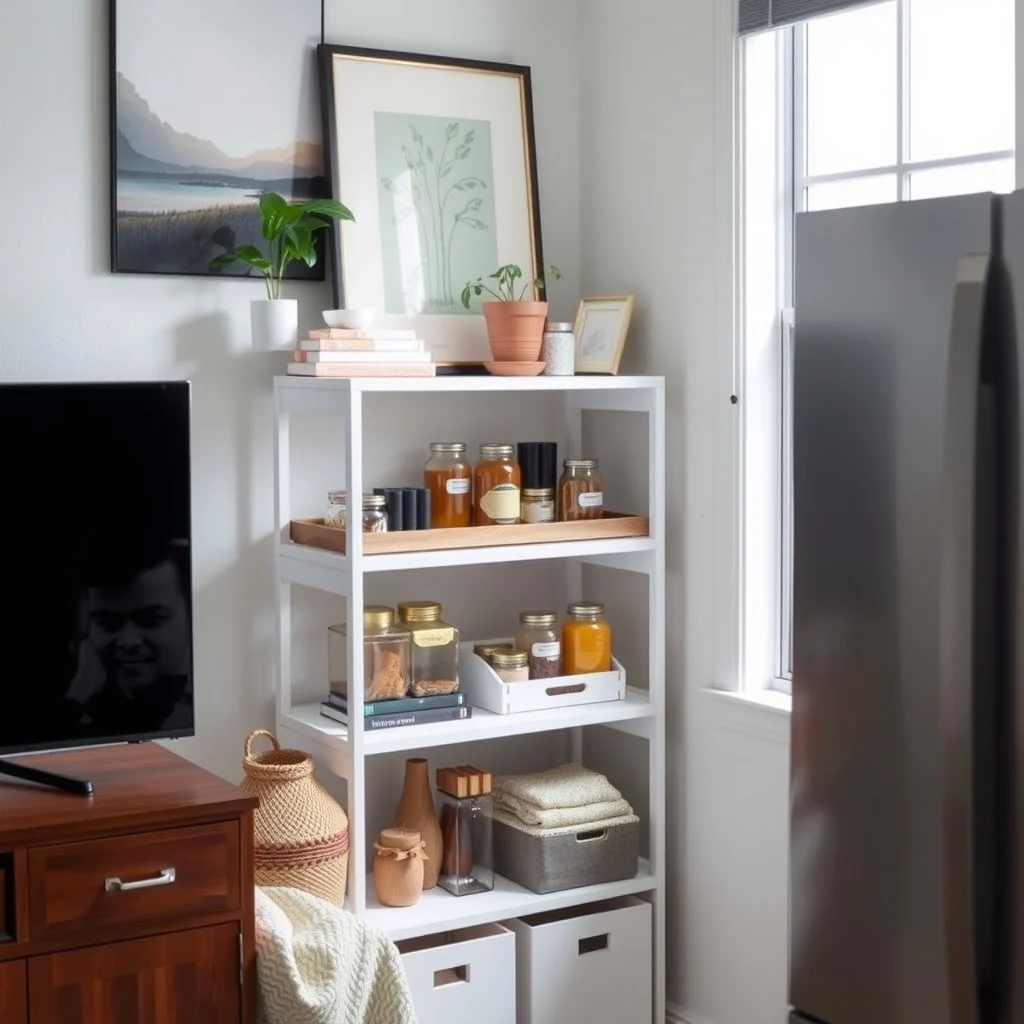 How to Set Up a Mini Pantry on a Freestanding Shelf interior: 4. Maximize Height with Risers and Tiered Trays - Even a narrow shelf can hold more than you think when you add a few risers. Small wooden or metal platforms raise jars a of inches, creating space for a second row of smaller