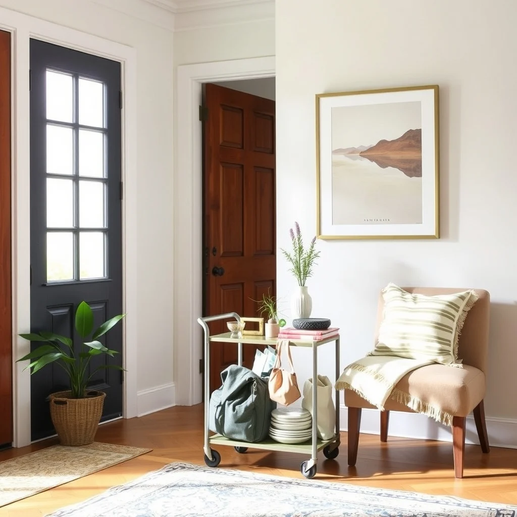 How to Store Bags and Backpacks Near the Front Door interior: 6. A Rolling Cart That Doubles as a Side Table - A slim rolling cart on wheels offers mobility and flexibility, especially in homes where the entryway doubles as a multi‑purpose zone. Choose a cart with a top surface of tempered glass or a polished metal