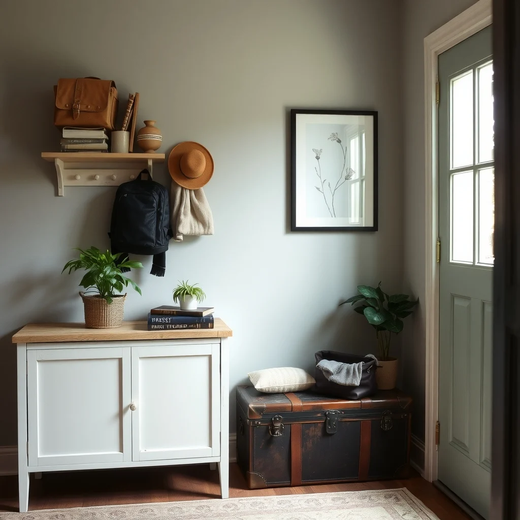 How to Store Bags and Backpacks Near the Front Door interior: 7. Repurposing a Vintage Trunk or Chest as a Statement Piece - An antique leather trunk or a weathered wooden chest instantly adds character to a hallway while providing ample hidden storage. The interior can be lined with a soft fabric to protect delicate fabrics, and a