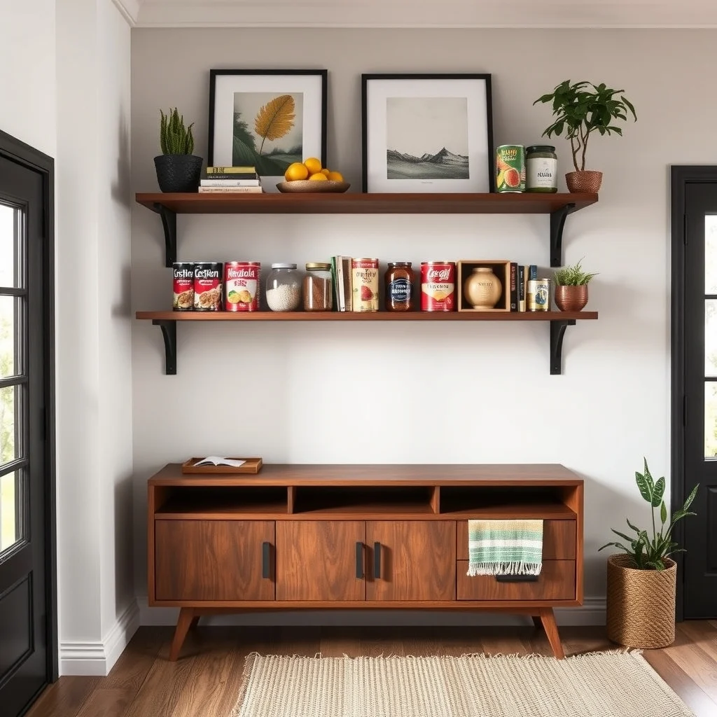How to Store Canned Goods in a Kitchen With No Pantry interior: 3. Install wall‑mounted open shelving with decorative brackets - Floating shelves anchored to a sturdy wall create a gallery‑like display for canned goods. Select brackets in a finish that matches existing hardware—oil‑rubbed bronze or sleek black steel work well with most kitchen aesthetics. By