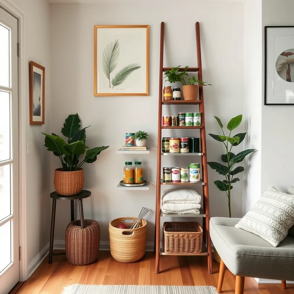 How to Store Canned Goods in a Kitchen With No Pantry interior: 5. Turn a decorative ladder or tiered stand into a pantry display - A wooden ladder leaning against a wall can double as a rustic shelving unit. Space the rungs about eight inches apart, then line each rung with a thin metal tray to keep cans from rolling.
