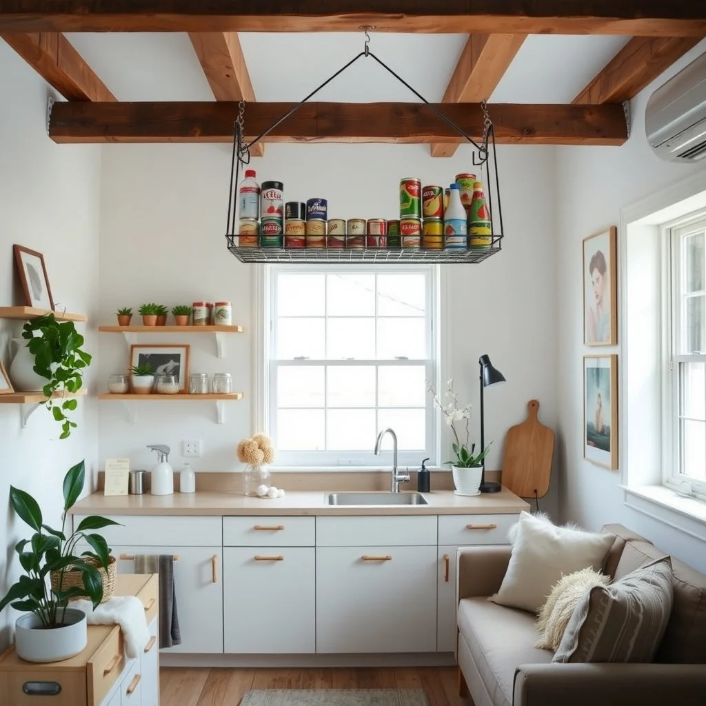 How to Store Canned Goods in a Kitchen With No Pantry interior: 7. Hang a ceiling‑mounted rack adapted for cans - For kitchens with exposed beams or a high ceiling, a sturdy hanging rack can free up floor space entirely. Choose a rack built for pots and pans, then install a few sturdy hooks that can