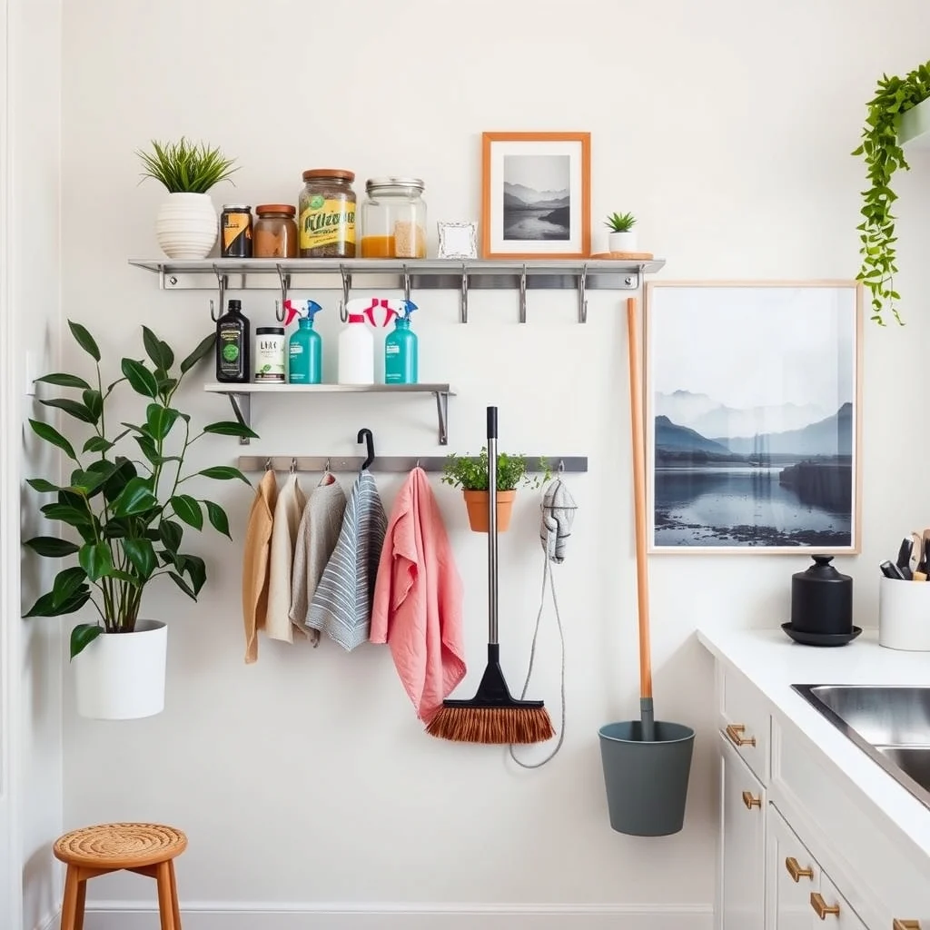 How to Store Cleaning Supplies in a Small Kitchen Safely interior: 4. Exploit Vertical Space with a Wall‑Mounted Rack - When floor area is at a premium, the wall becomes a valuable ally. A stainless‑steel rail with magnetic hooks can hold spray bottles, a small mop bucket, and a compact broom. The magnetic surface grips