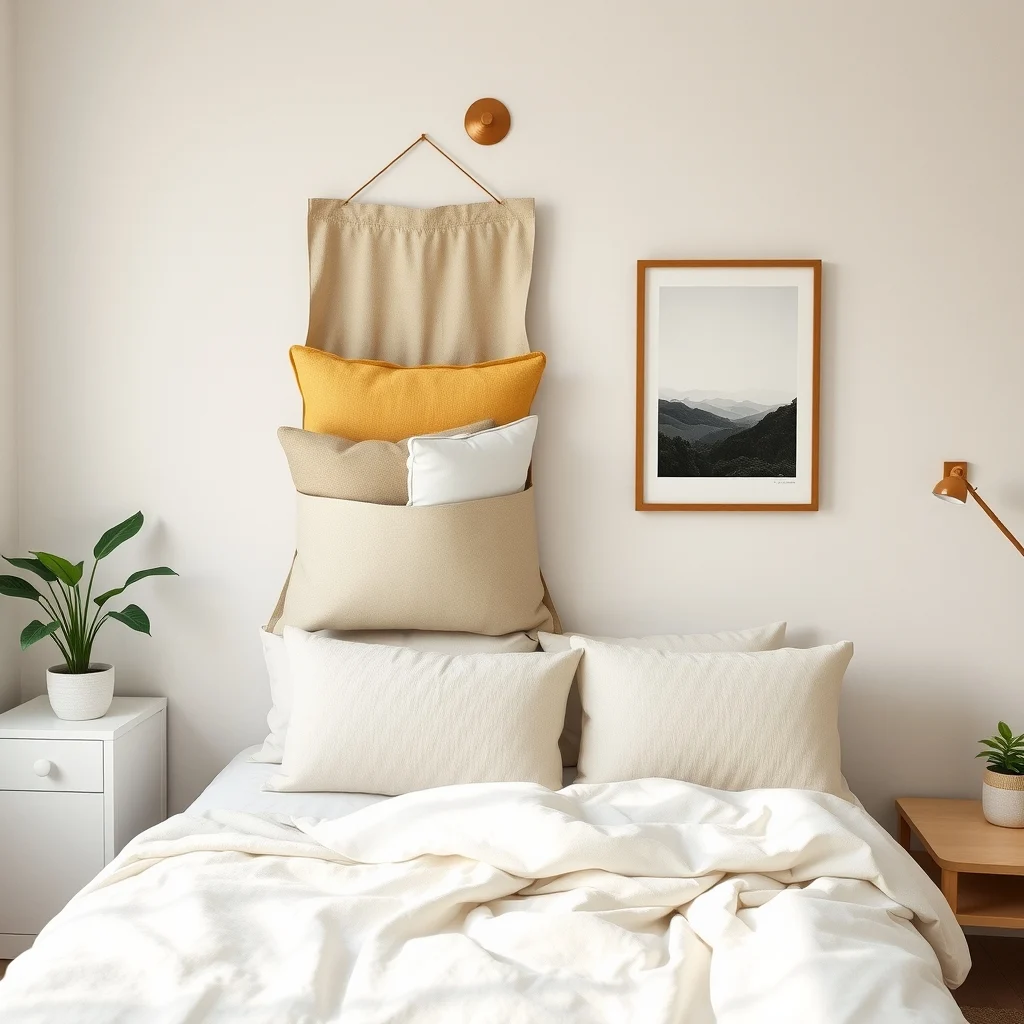 How to Store Extra Pillows in a Tiny Bedroom: 3. Hang a Fabric Pocket on the Wall - For a lightweight, decorative solution, consider sewing or purchasing a large fabric pocket that hangs from a decorative hook or a slim wall‑mounted bracket. Choose a sturdy canvas or linen in a tone that echoes