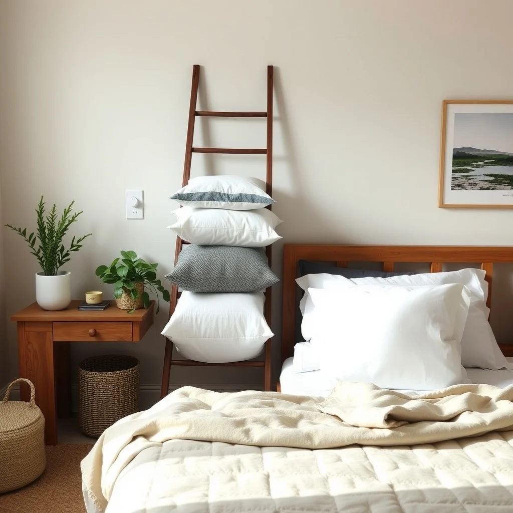 How to Store Extra Pillows in a Tiny Bedroom: 6. Incorporate a Decorative Ladder - A leaning ladder made of reclaimed wood or painted metal can serve as both a visual accent and a functional pillow rack. By laying a few folded pillows across the rungs, you keep them within