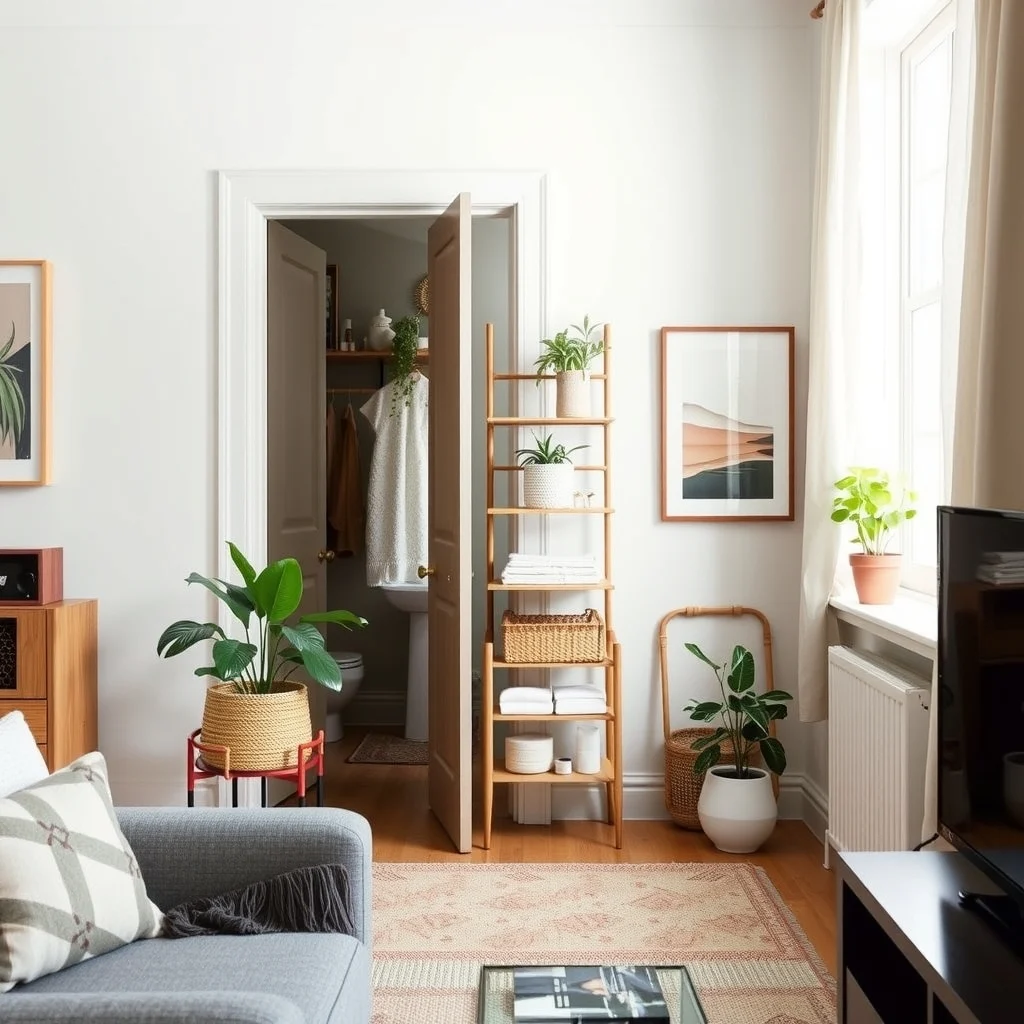 How to Store Extra Toiletries in a Small Apartment interior: 2. Use the Space Behind the Door with Slim Racks - The back of a bathroom door is often overlooked, yet it presents a narrow vertical plane that can hold a surprising amount of weight. Installing a slim metal or bamboo rack that hugs the door’s