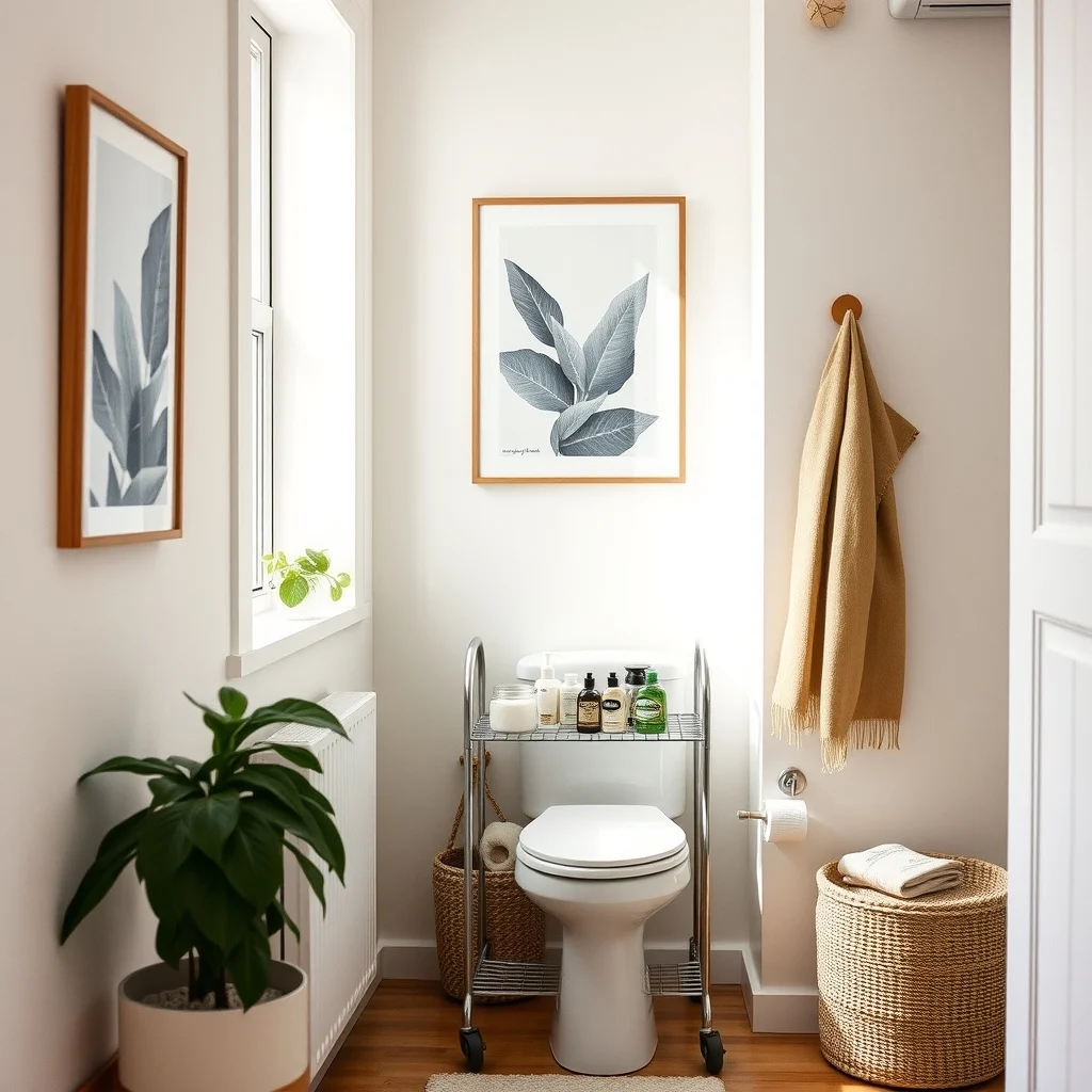 How to Store Extra Toiletries in a Small Apartment interior: 3. Repurpose a Narrow Kitchen Cart for Bathroom Essentials - A narrow, three‑tier kitchen cart—often used for spices or coffee supplies—fits neatly against a bathroom wall without demanding floor space. By selecting a cart with a metal frame and a laminate top, you gain a