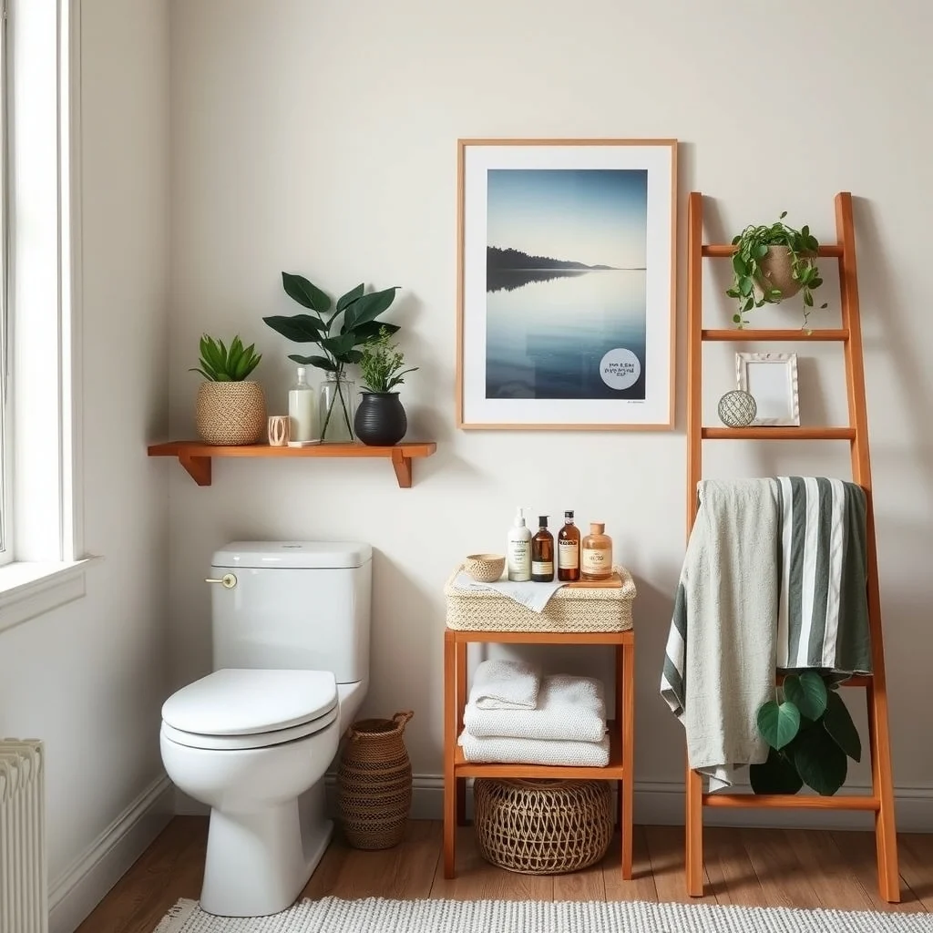 How to Store Extra Toiletries in a Small Apartment interior: 6. Choose a Stylish Ladder Shelf for Floor‑Level Storage - A wooden ladder shelf placed against a bathroom wall adds both storage and a decorative element. The ladder’s rungs create natural compartments for larger items such as a spare bottle of scrub, a decorative
