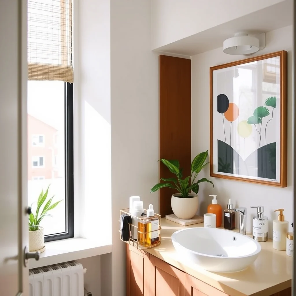 How to Store Extra Toiletries in a Small Apartment interior: 7. Keep a Rotating Caddy on the Vanity for Daily Rotation - A small rotating caddy—similar to those used for spices—can sit on the vanity and hold the toiletries you use most often. By turning the caddy, you bring the next bottle to the front, ensuring that