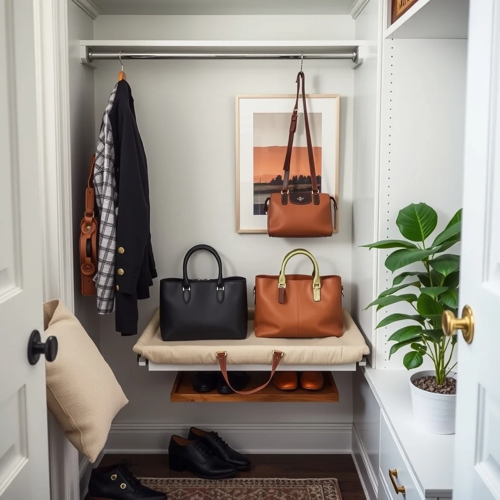 How to Store Handbags in a Small Closet: 4. Add a Pull‑Out Fabric Drawer Lined with Velvet - A shallow pull‑out drawer installed beneath a hanging rod offers a discreet home for handbags that you want to keep out of sight. Lining the interior with a soft velvet in a neutral taupe protects