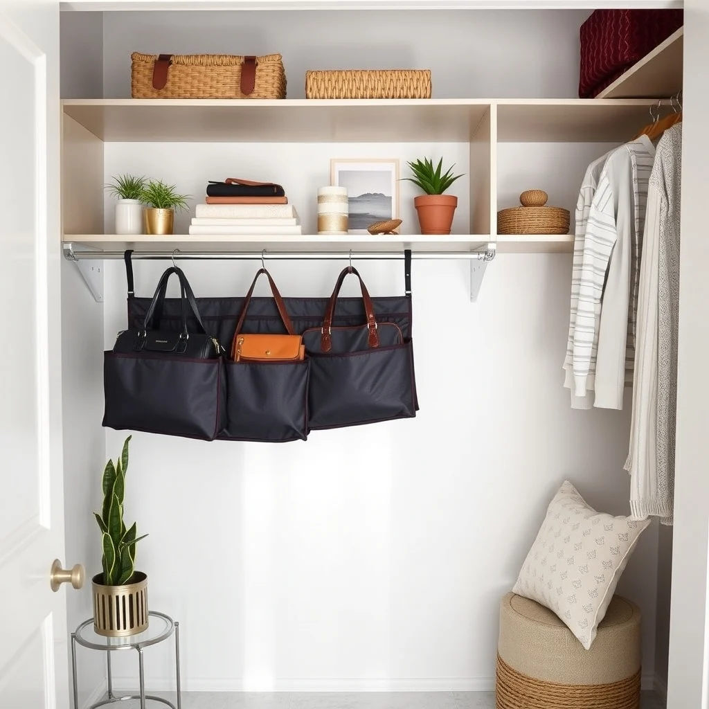 How to Store Handbags in a Small Closet: 5. Use a Hanging Closet Organizer with Individual Pockets - A hanging organizer that hangs from the closet rod provides multiple pockets, each large enough for a single handbag. Opt for a fabric in a soft charcoal or muted navy to blend with a modern
