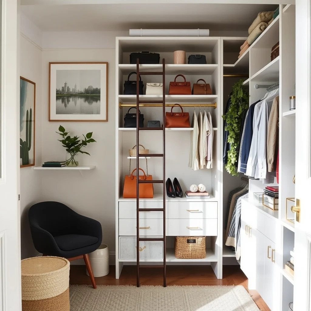 How to Store Handbags in a Small Closet: 6. Install a Slim Pull‑Down Ladder for Quick Access - A slim pull‑down ladder, similar to those used in boutique displays, can be anchored to the top of the closet and lowered when you need to reach higher shelves. The ladder’s narrow profile, often finished