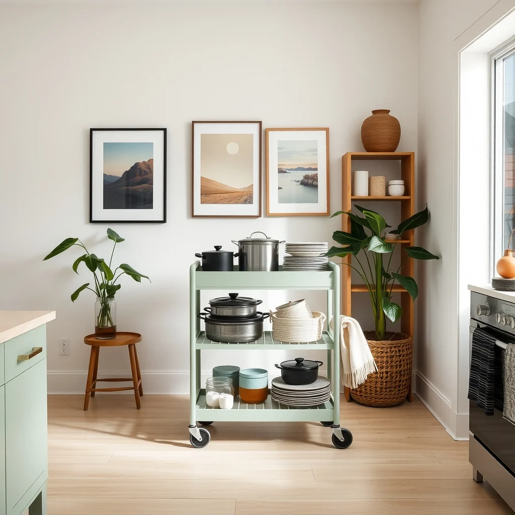How to Store Pots and Pans in a Kitchen With Few Cabinets interior: 3. Repurpose a Freestanding Kitchen Cart - A compact, three‑tier cart on casters can act as a mobile storage hub, especially when the cart’s top shelf is painted a muted sage or deep charcoal that complements the kitchen palette. You can store