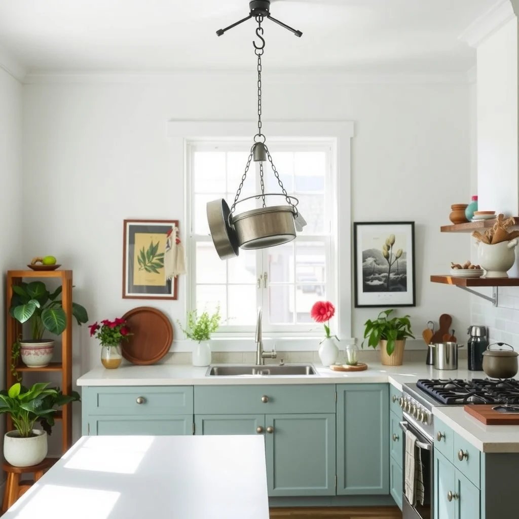 How to Store Pots and Pans in a Kitchen With Few Cabinets interior: 4. Install a Ceiling‑Mounted Pot Hoist - For those who love a rustic touch, a ceiling‑mounted pot hoist—similar to a pot rack but suspended from a single hook—creates a striking focal point above the island or range. Heavy‑duty steel chains support the